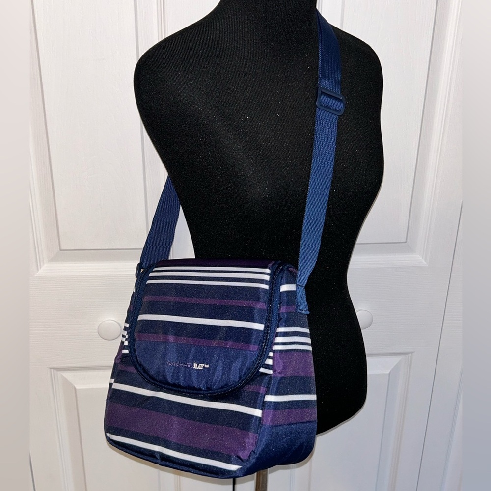 Rachael Ray Stylish Striped Lunch Bag - Blue, Purple & White 10”x10”x5.5”